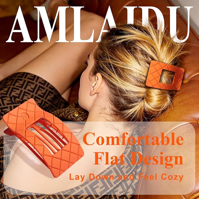 Large Flat Hair Claw Clips for Women for Thin Thick Hair, Stylish Strong Hold Non Slip Square Hair Clips, Cozy French Lay Down Hairclips, Comfortable All-Day Wear, Orange, 4 Pcs