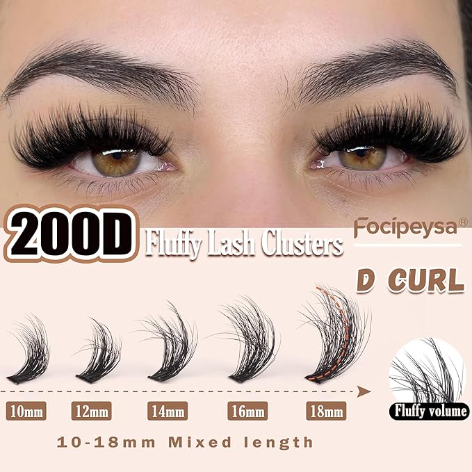 Full Volume Eyelash Clusters DIY Lash Extension 10-18MIX D-Curly Lash Clusters 200D Wispy Individual Lashes Extensions Clusters Eyelashes DIY Lash for Beginners by Focipeysa