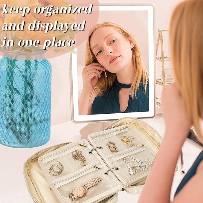 Travel Jewelry Organizer Case,Jewelry Bags Jewelry Storage Book Binder with Clear Zipper Velvet Pouch for Traveling,Earrings, Rings, Necklace, Bracelet (White)