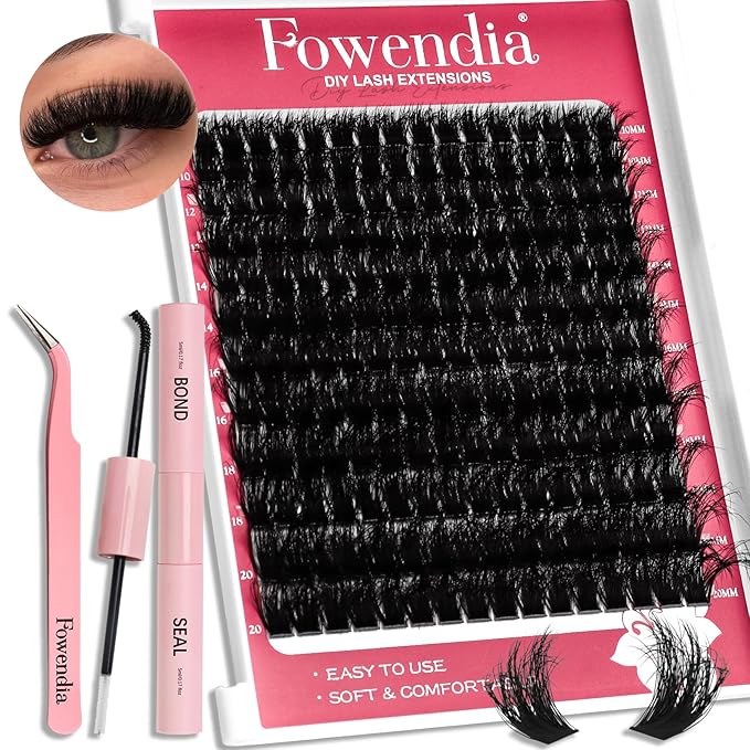 Fowendia Lash Clusters Kit Fluffy 200D Individual Lashes D Curl Cluster Eyelash Extensions 10-18mm DIY Lash Extension Kit Lash Bond and Seal Waterproof, Lash Applicator, Thick False Eyelashes Kit