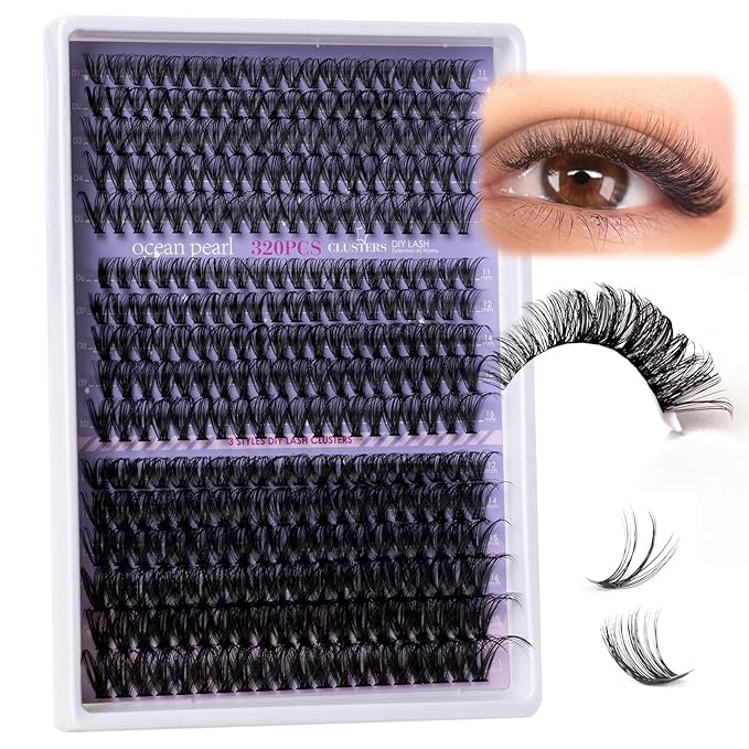 Ocean Pearl Lash Clusters 320PCS 11-20mm Lash Extension Kit 30D+40D+60D Eyelash Extension Kit Individual Lashes Thick Eyelash Clusters Lashes Clusters with Eyelashes Bond+Seal+Adhesive+Tweezer-60D