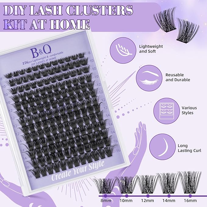 B&Q Wispy Lash Clusters Kit B19, DIY Lash Extension Kit 156PCS Eyelash Extension Kit, Soft Natural Lash Clusters 8-18MIX D Curl Lash cluster, Thin Black Band Cluster Eyelash Extensions (B19 Set)