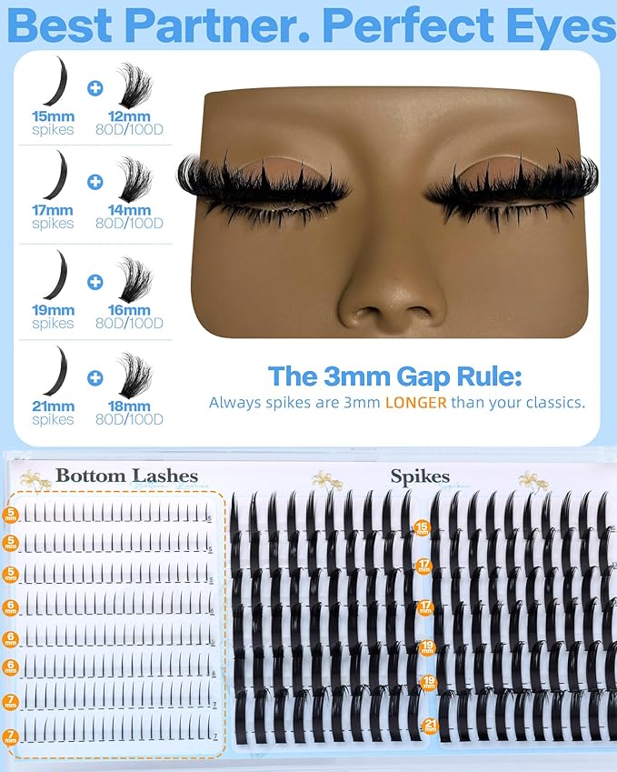 Lash Clusters with Spikes 15-21MM Wispy Lash Spikes with Bottom Lashes 280PCS D Curl Eyelash Clusters 0.005mm Thin Band Individual Lashes DIY Mega Cluster Eyelash Extensions for Manga/Spiky/Anime Look
