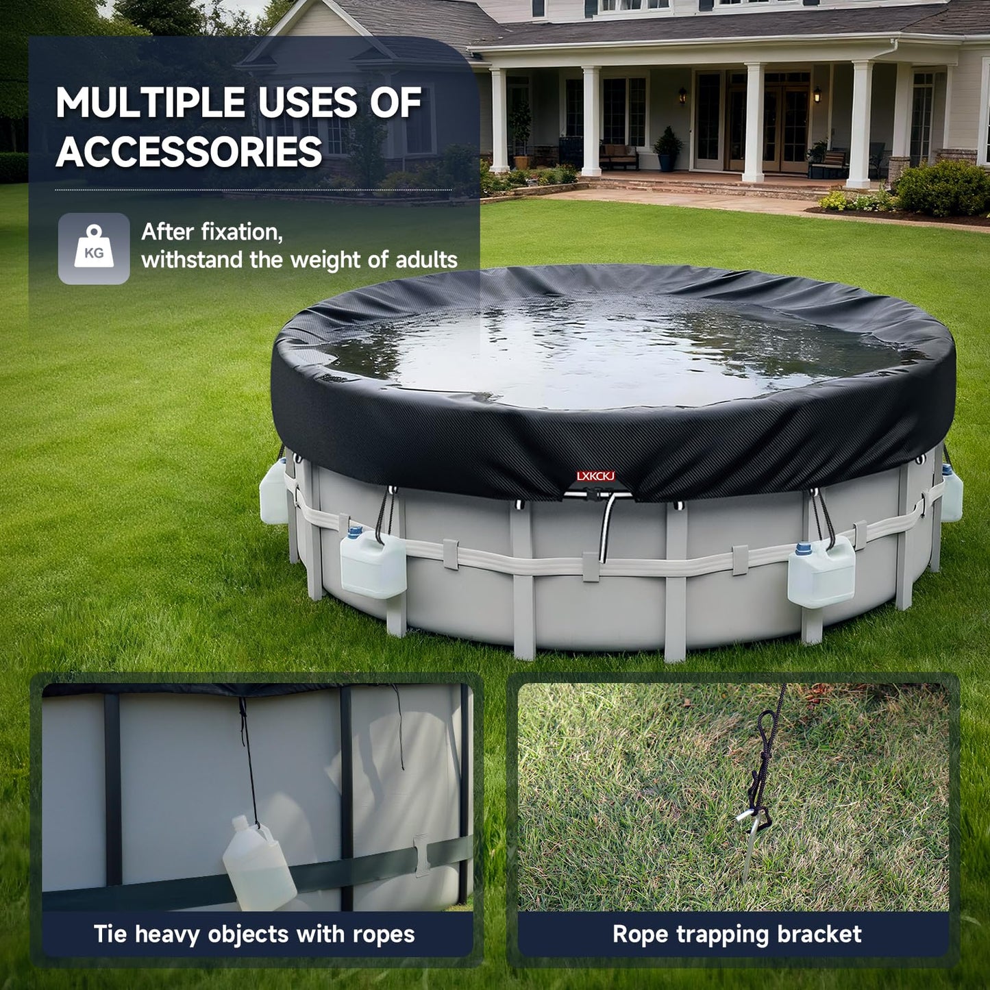 LXKCKJ 12 Ft Round Pool Cover, Solar Pool Covers for Above Ground Pools, Summer Pool Cover Protector with Cover Accessories, PE Tarp Ideal for Waterproof and Dustproof (Black)