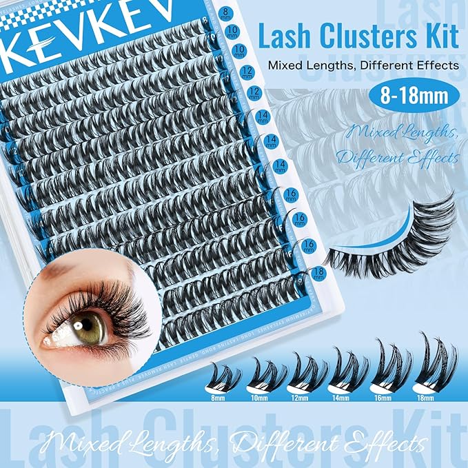 KEVKEV Lash Clusters Kit 144pcs Flora Lashes Clusters 8-18mm Lash Extension Kit Thin Band Eyelash Extension Kit Lash Clusters with Lash Bond and Seal Eyelash Clusters Kit DIY Lash At Home(Kit-K03)