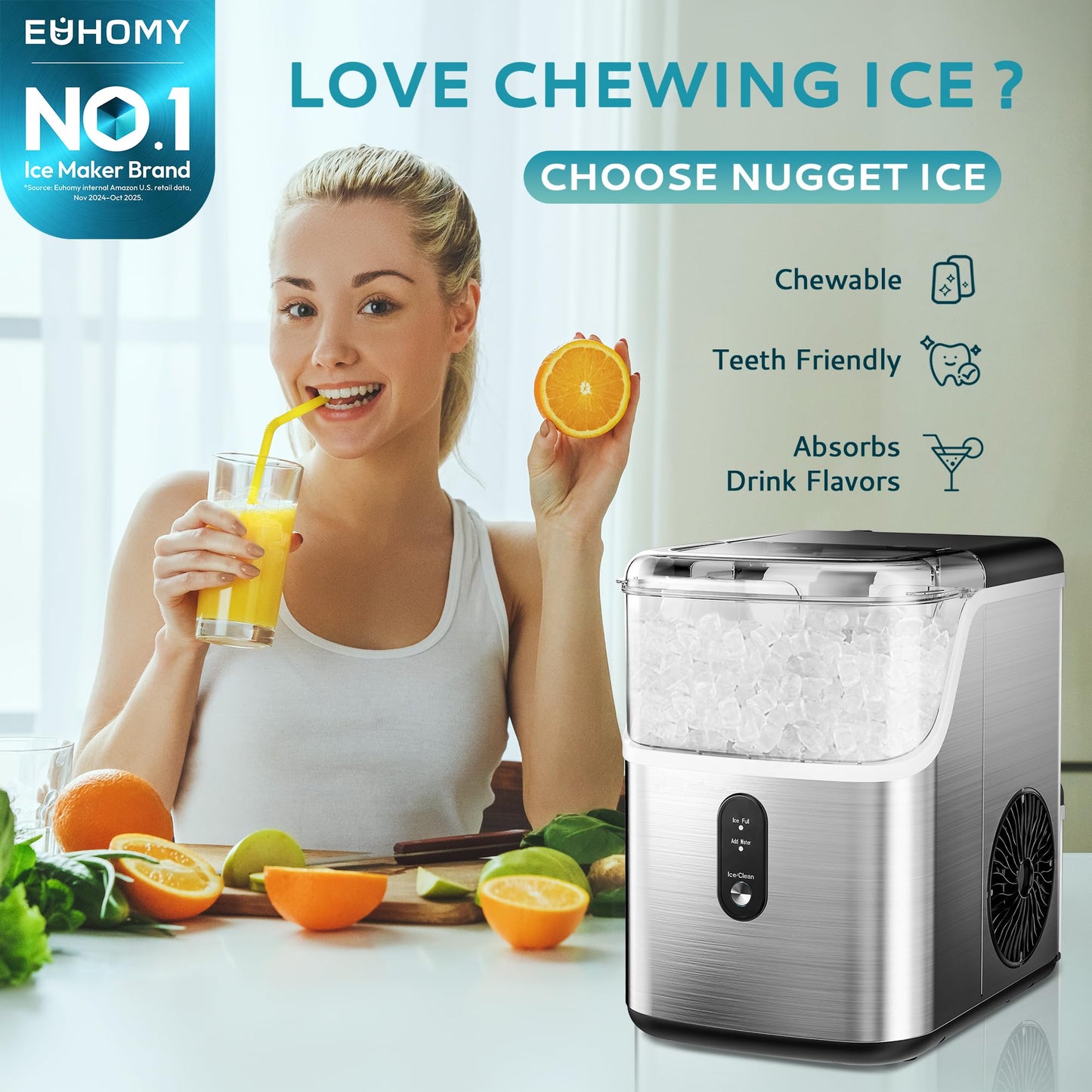 EUHOMY Nugget Ice Makers for Countertop with Ice Scoop & Basket, Self-Cleaning Sonic Pebble/Pellet Ice Maker Machine with 35lbs/24H Soft Ice for Home/Kitchen/Office, Stainless Steel, Silver