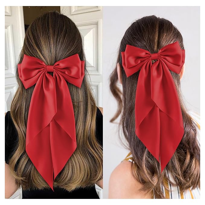 6Pcs Large Bows Hair Clips for Women Girls Long Tail Hair Ribbon Silky Satin Barrettes Coquette Bows Accessories (Red)