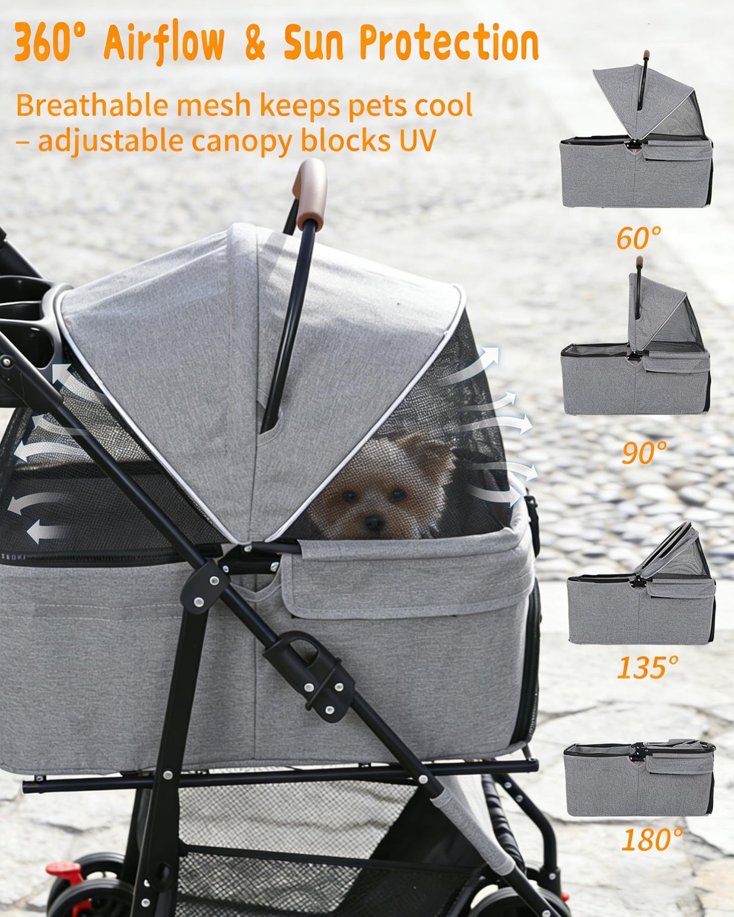 Pet Stroller with Removable Carrier, 35lbs Capacity - One-Click Foldable Dog Stroller, Cat Carrier & All-Terrain Wheels, Compact Travel Pet Stroller for Small to Medium Pets-Gray