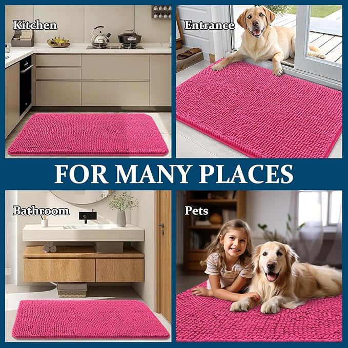 OLANLY Dog Door Mat for Muddy Paws 44x24, Absorbs Moisture and Dirt, Absorbent Non-Slip Washable Doormat, Quick Dry Chenille Mud Mat for Dogs, Entry Indoor Entryway Carpet for Inside Floor, Hot Pink