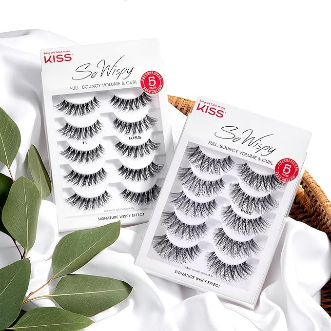 Kiss Looks So Natural, So Wispy False Eyelashes, 5 Pairs, 14mm, Reusable Thin Band Strip Lashes for Bouncy Volume & Curl, Lightweight, Easy-to-Apply Crisscross Pattern for Seamless Natural Look
