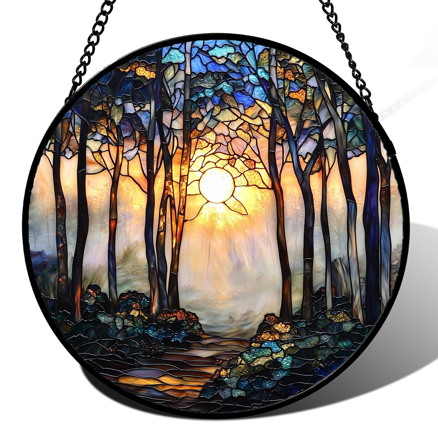 DASTOLL Stained Glass Window Hanging, Forest Sunrise Smoke Blue Brown Tree Suncatcher for Doors Window Home Landscape Sun Catchers Decor Mother's Day Birthday Gifts for Women, Men Mom 9.8 in