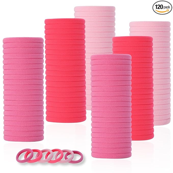 LuSeren 120 Pcs Pink Hair Ties for Women, No Damage Soft Seamless Nylon Hair Elastics for Thick Hair, Ponytail Holders, 3 Gradient Pink Hair Accessories
