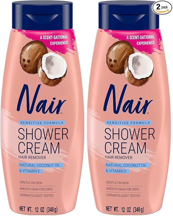 Nair Sensitive Shower Cream Hair Remover with Natural Coconut Oil and Vitamin E, Body Hair Removal Cream, 12 oz (Pack of 2)