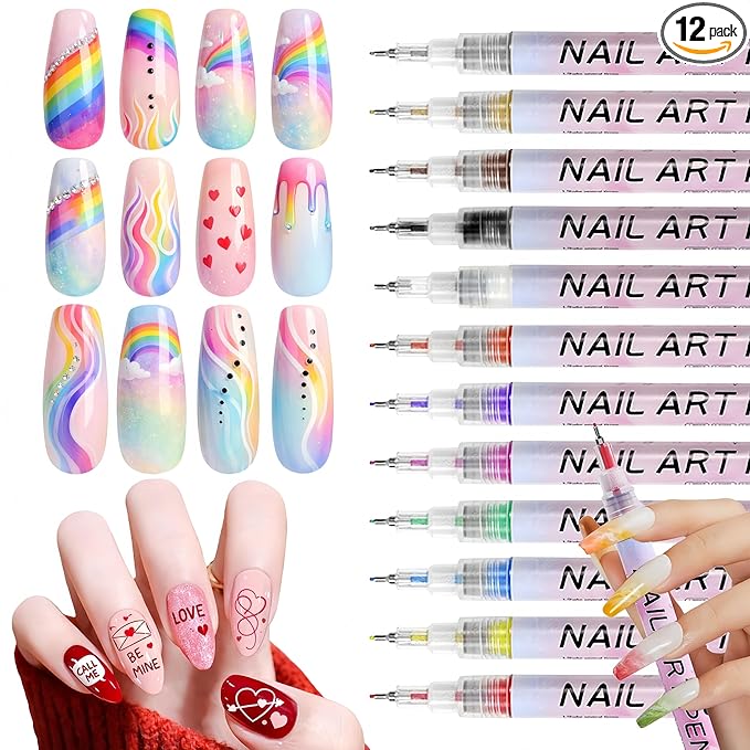 12 Color Nail Art Pens, 0.5 MM 3D Nail Polish Pens Set Drawing Painting Point Liner Acrylic Painted Pen Kit, Waterproof and Quick-drying Nail for DIY Nails Art Design Manicure Tools