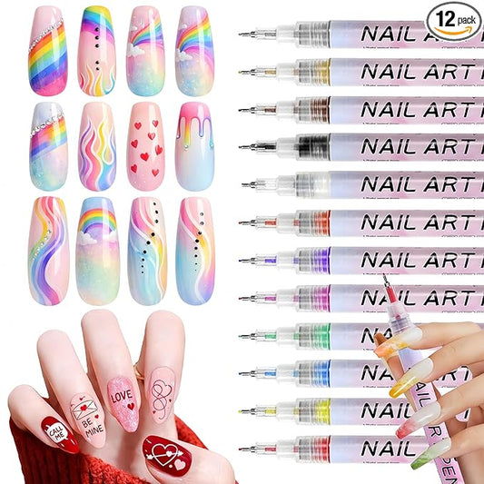 12 Color Nail Art Pens, 0.5 MM 3D Nail Polish Pens Set Drawing Painting Point Liner Acrylic Painted Pen Kit, Waterproof and Quick-drying Nail for DIY Nails Art Design Manicure Tools