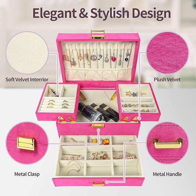 Dajasan Jewelry Organizer Box, Large Jewelry Boxes for Women Girls, Space-Saving 3 Layers Jewelry Storage Case with Drawer, Gift Idea for Christmas, Valentine's Day, Birthday, Mother's Day (Red)