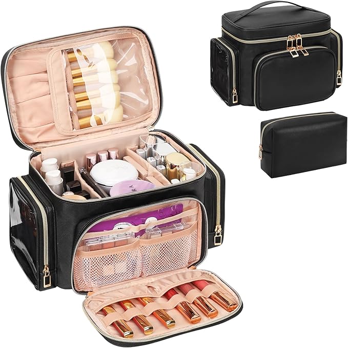 Makeup Bag Set, Portable Travel Makeup Bag Organizer for Women Cute Cosmetic Pouch Large Capacity with Makeup Brush Compartment, Cosmetic Travel Bag with Divider and Handle Toiletry Bag - Black