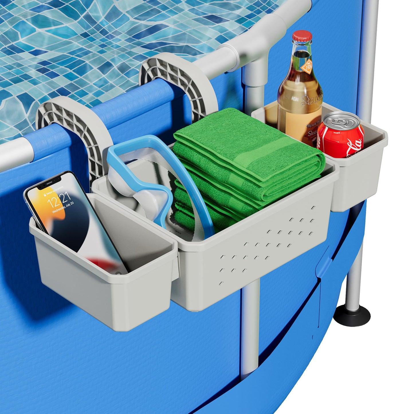 Kompoll [Patented] Poolside Storage for Above Ground Pool Accessories, Thickened Plastic Pool Basket with 2 Pool Cup Holder, Multifunctional Poolside Holder Fits for Most Frame Pools (1 Pack)
