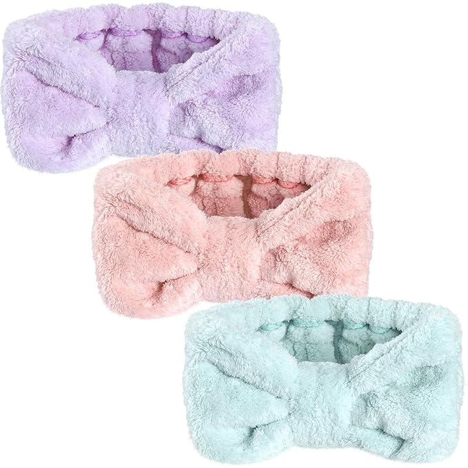3 Pieces Wash Face Headband Makeup Spa Headband Towel Terry Hair Bands Microfiber Bowtie Headbands Shower Facial Adjustable Headband for Women (Pink, Blue, White)