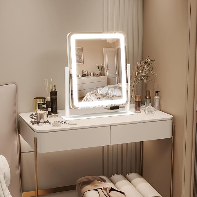 ROLOVE Lighted Makeup Mirror, Vanity Mirror with Lights for Desk Tabletop, Smart Touch with 3-Color Lighting,Dimmable, 360° Rotation, White, 13"x15"