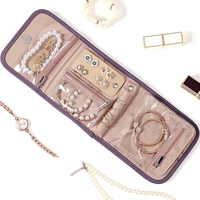 BELALIFE Travel Jewelry Case Organizer, Small Foldable Storage Roll for Earrings, Necklaces, Rings, Bracelets, Brooches, Purple