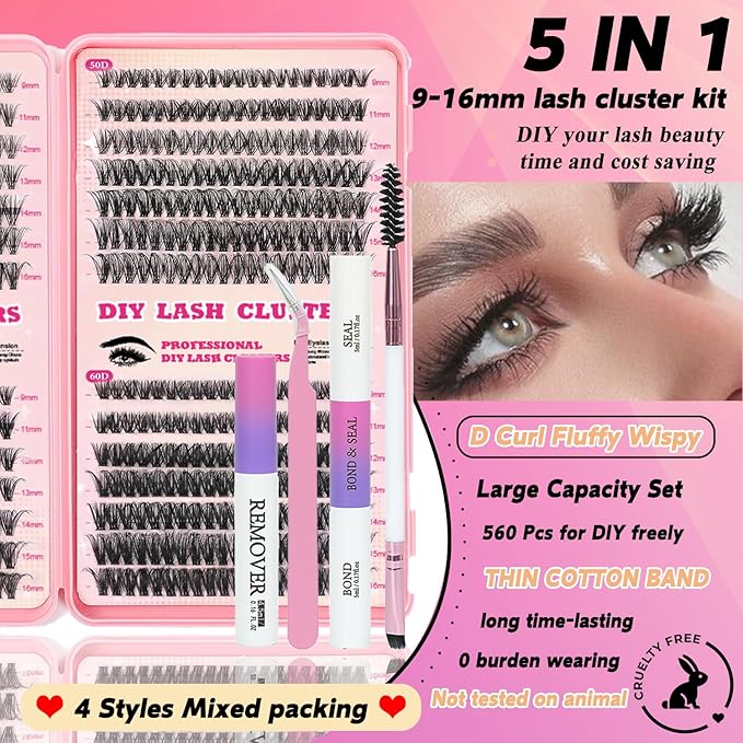 Lash Clusters Kit, 560 Pcs Eyelashes Clusters Kit 9-16mm Individual Lash Extension Kit D Curl Fluffy Wispy False Eyelashes (30D+40D+50D+60D, Lash Clusters Kit)