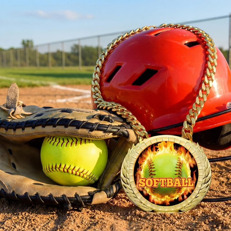 Highergo Softball Champion Chain Award Medal 5 x 6 Inch with Flame Softball Pattern on Jumbo Gold Award Medal Athlete Prize Gifts with 34inch Turnover Chain for Contest Reward Family Reunions