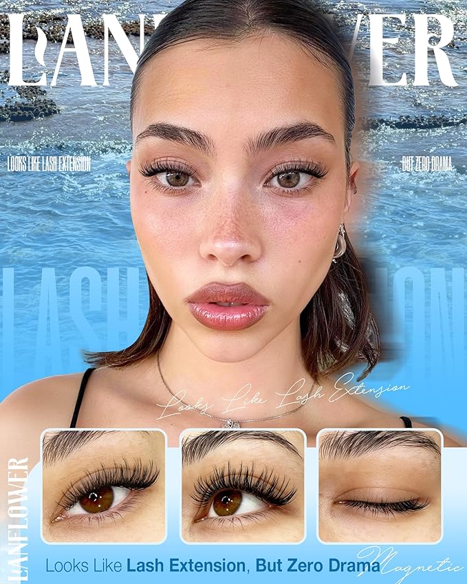 Lanflower Magnetic Eyelashes with Applicator Natural Look Magnetic Lashes with Lash Primer Wispy Magnetic Eyelashes Natural Look Reusable Cat Eye Lashes with Magnets No Need Glue