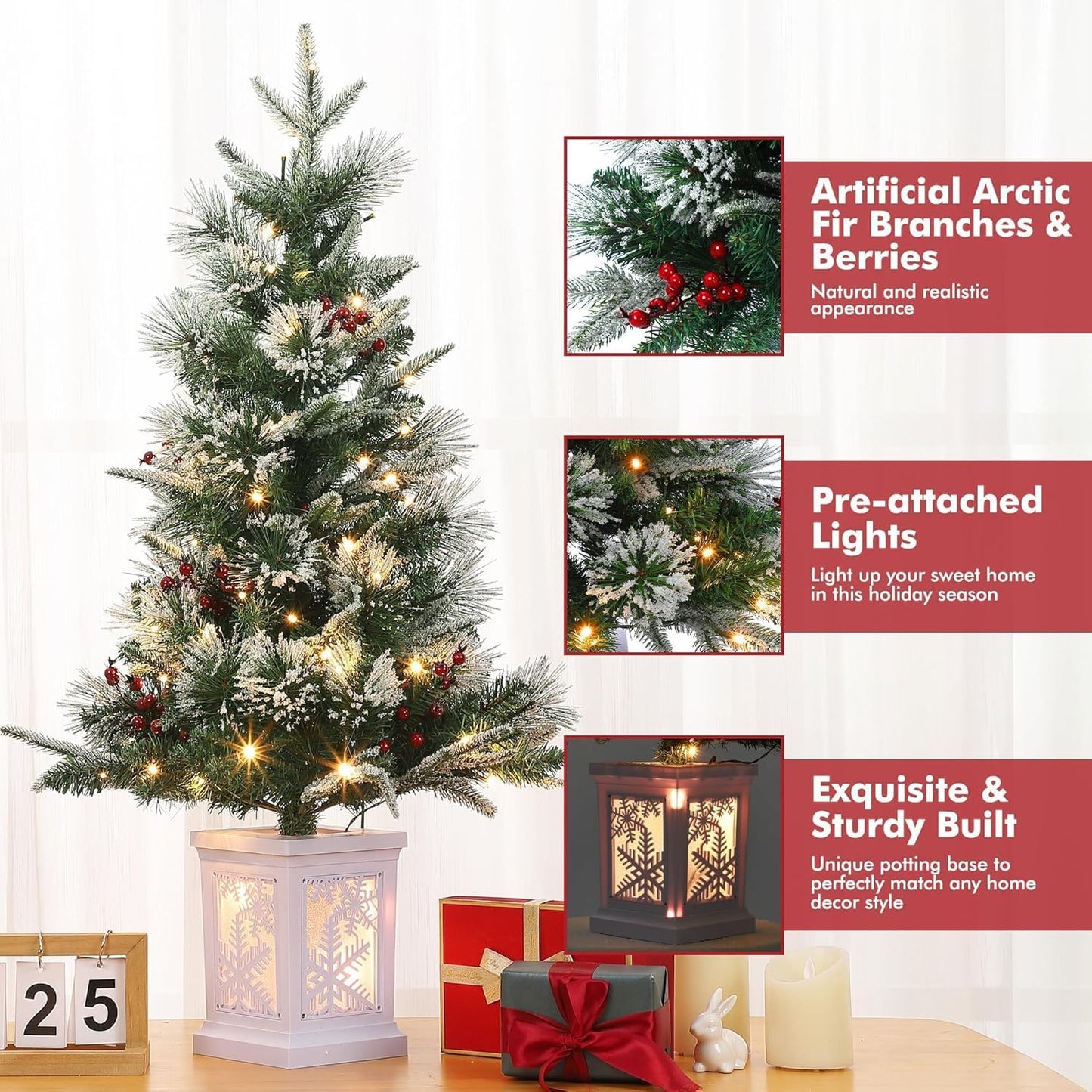 3 Ft Pre-Lit Christmas Tree, Artificial Christmas Trees with Lighting, Xmas Trees with 78 Led Lights, Christmas Decoration for Home, Office, Easy Assembly