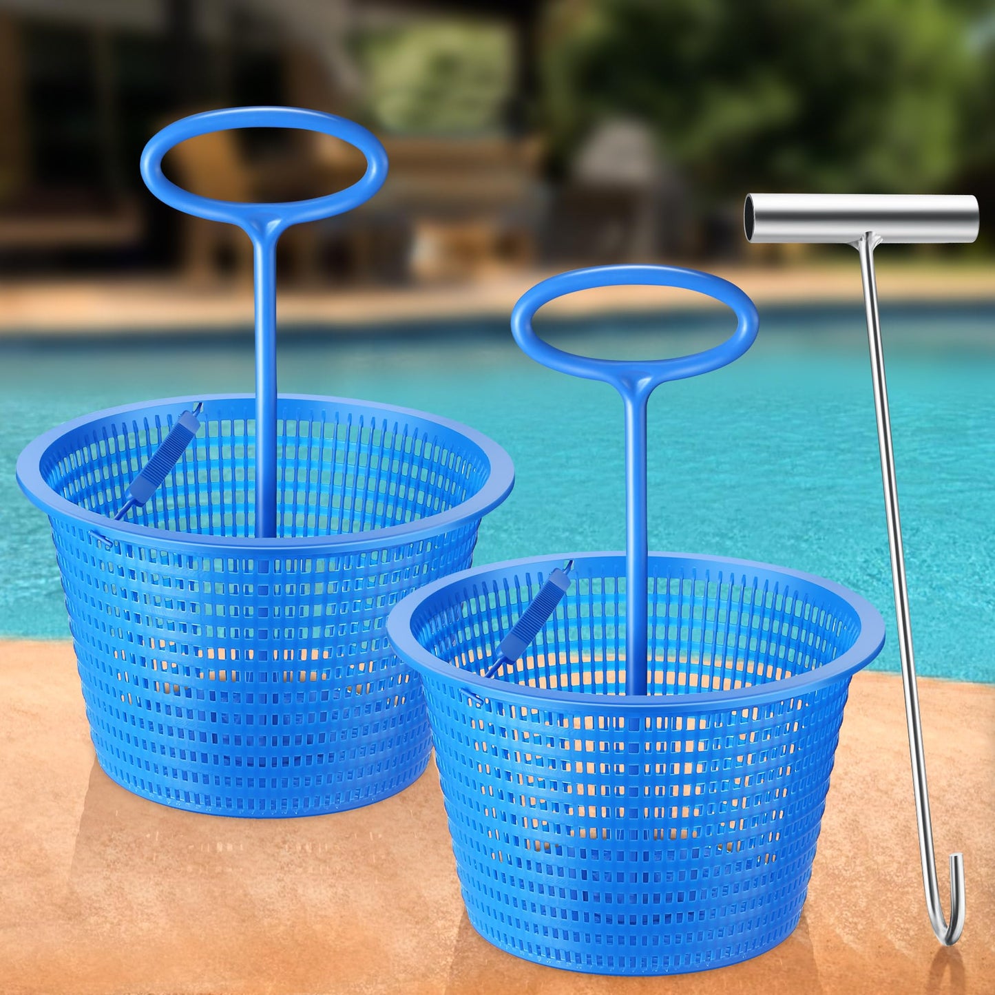 Saillong 2 Set 8" Pool Skimmer Basket for Inground Pool with 2 Skimmer Baskets Handle and 1 Stainless Steel Hook, Blue Universal Pools Filter Basket Skimmers for Debris Removal, Keep Hands Clean