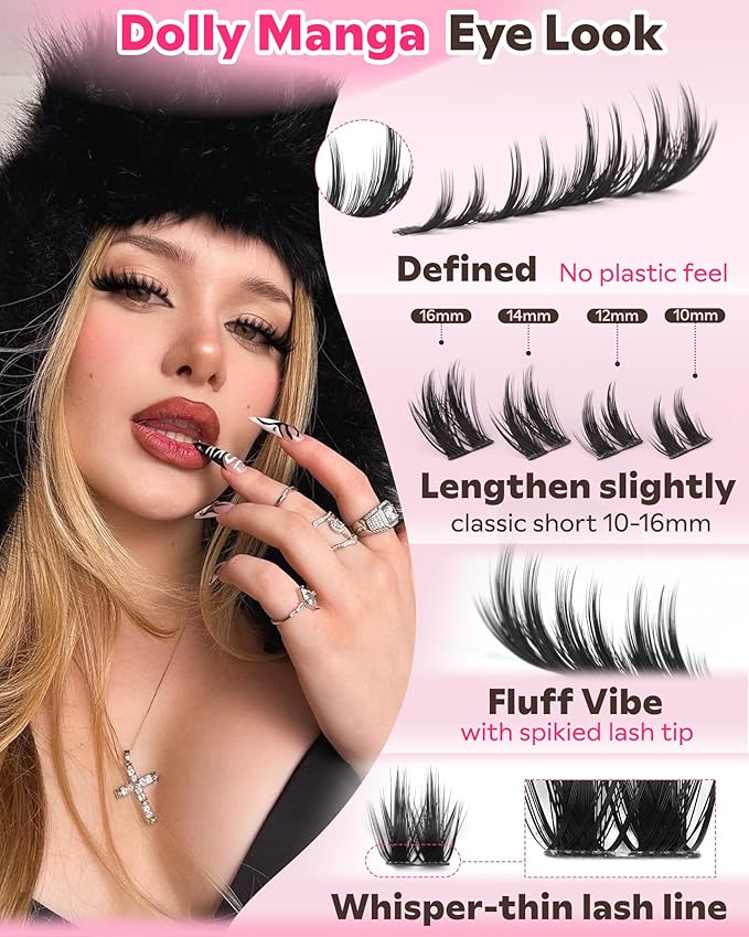 Fluffy Manga Lash Clusters Kit, Natural Wispy Cluster Eyelash Extensions, DIY Lash Extension at Home For Dolly Anime Look, Fairy Individual Lashes Kit with Waterproof Bond and Seal