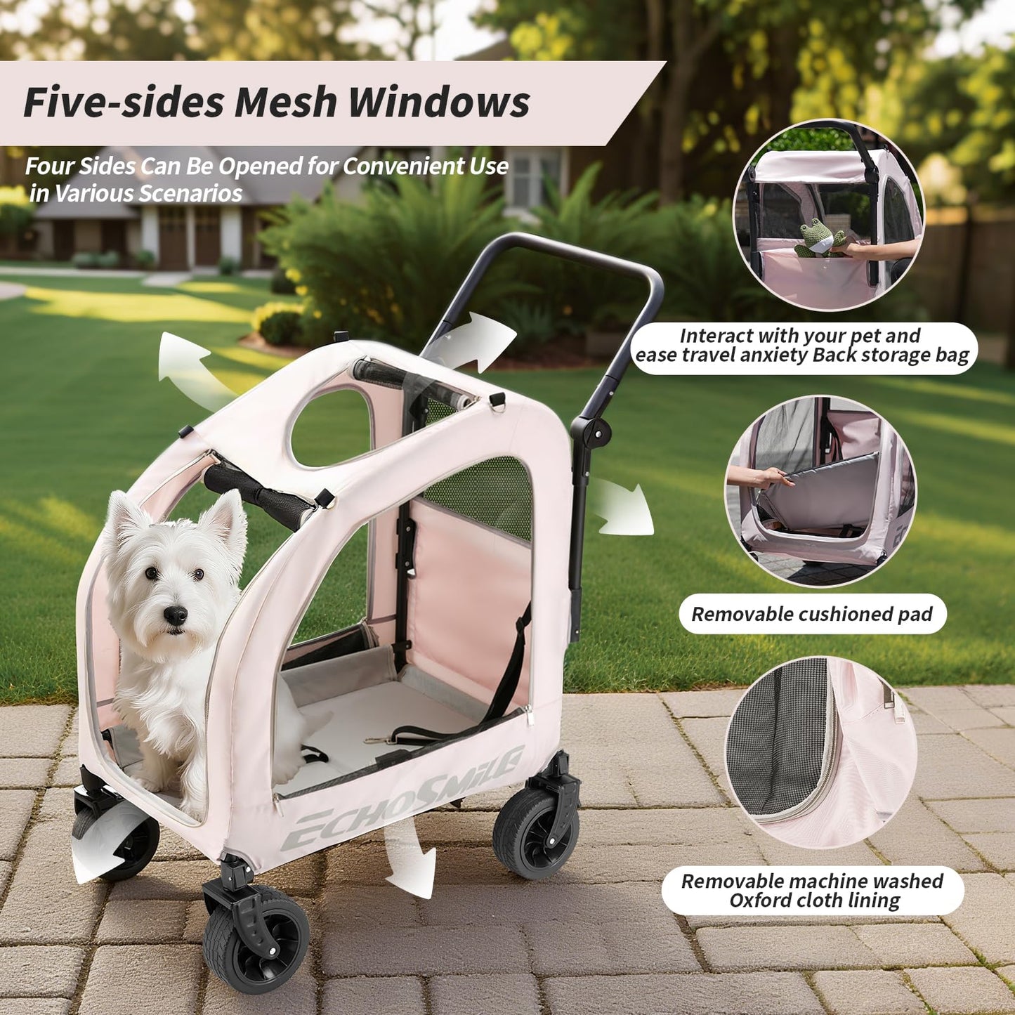 EchoSmile 4 Wheels Pet Stroller, Dog & Cat Stroller for All-Season, Lightweight Carrier with Storage Basket, Adjustable Handle, Removable Pad, Breathable Mesh, Up to 135 lbs, Pink