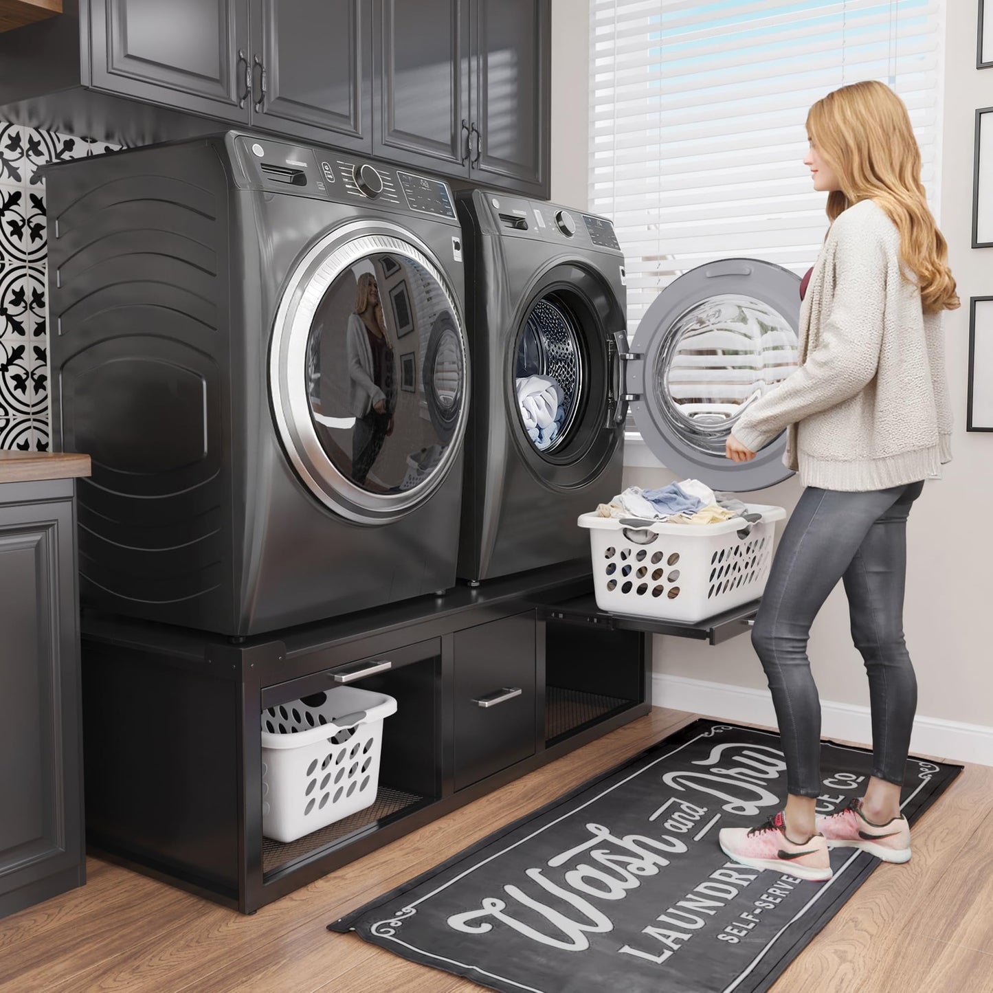 GDLF Washer and Dryer Pedestals, Universal Fit Washer and Dryer Stand with Pull-Out Shelf, 58.1"x29.1"Laundry Pedestal with Storage, 800LBS Capacity，Black