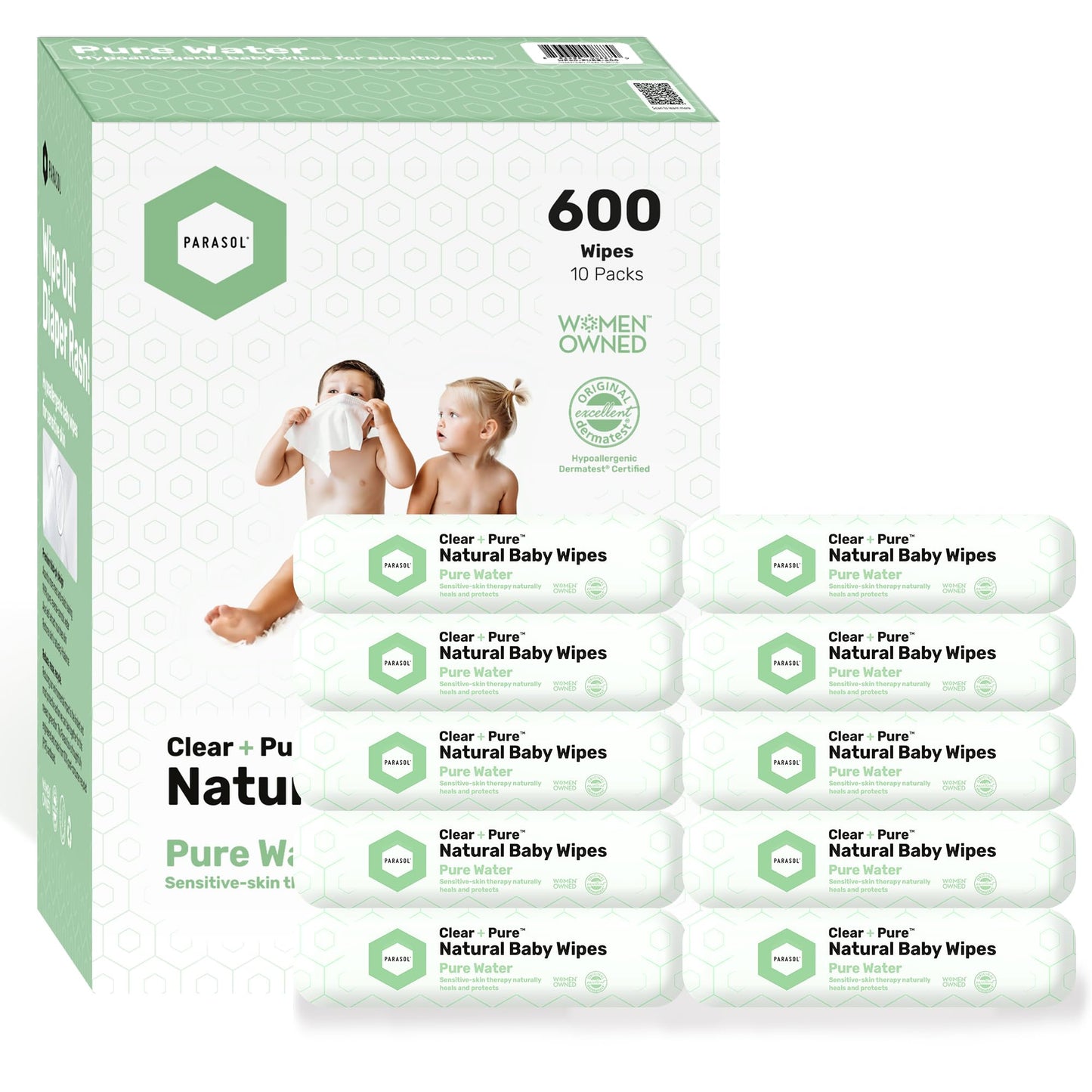 Parasol Clean+Pure Natural Baby Wipes, 99.9% Reverse-Osmosis Water, pH Balanced, Hypoallergenic Wipes, Plant Based, Alcohol-Free and Perfect for Sensitive Skin, 600 Count (10 Packs of 60)