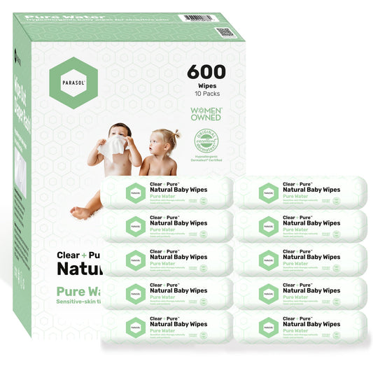 Parasol Clean+Pure Natural Baby Wipes, 99.9% Reverse-Osmosis Water, pH Balanced, Hypoallergenic Wipes, Plant Based, Alcohol-Free and Perfect for Sensitive Skin, 600 Count (10 Packs of 60)