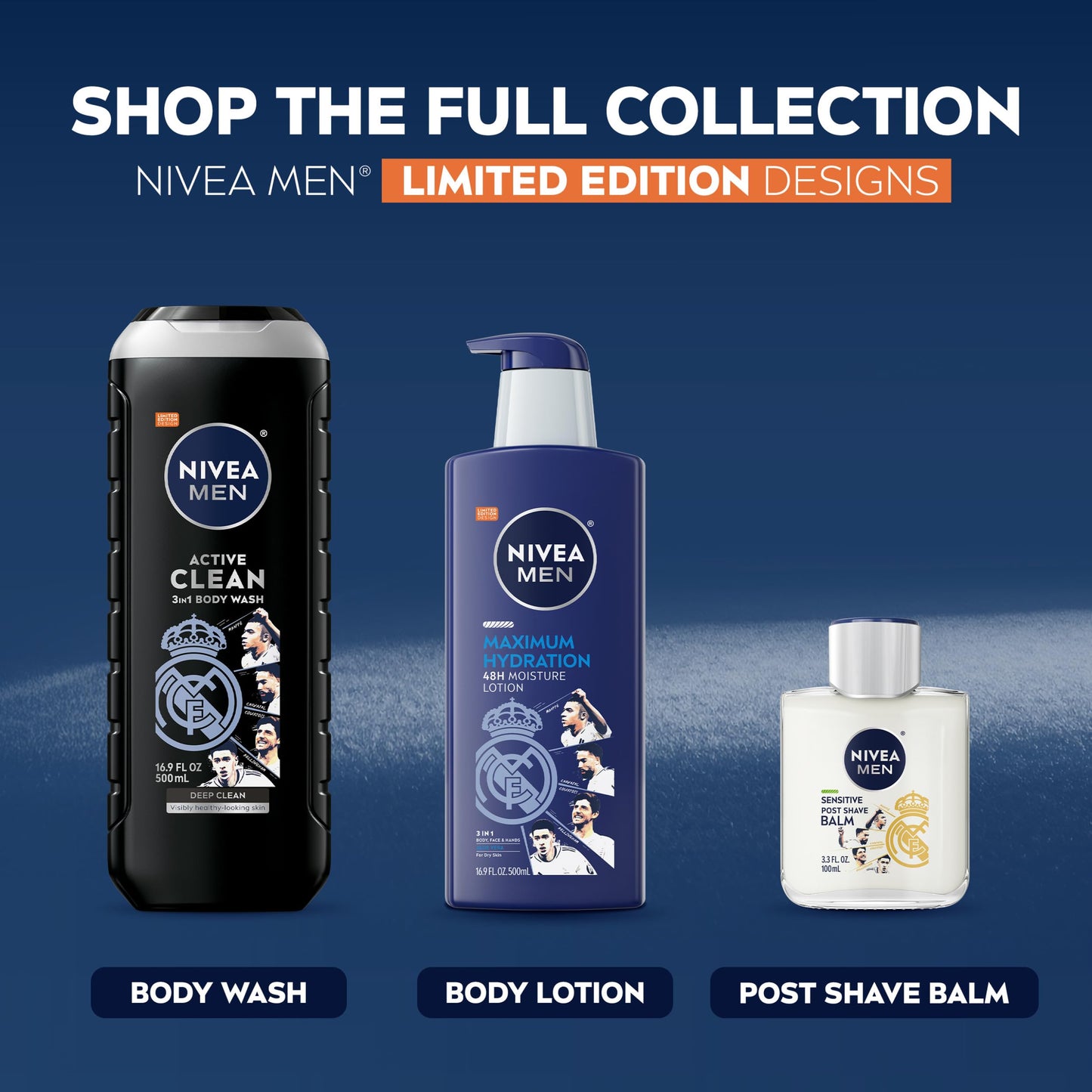 NIVEA MEN Real Madrid Limited Edition Design Active Clean Body Wash with Natural Charcoal for Normal to Oily Skin, 3-in-1 Charcoal Body Wash, Face and Hair, 16.9 Fl Oz Bottle, Pack of 3