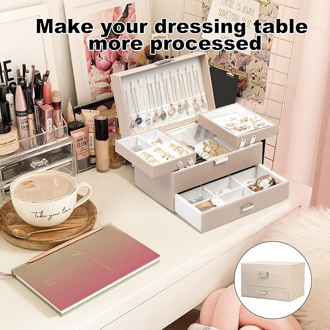 Dajasan Jewelry Organizer Box, Large Jewelry Boxes for Women Girls, Compact 3 Layers Jewelry Storage Case with Drawer, Movable Metal Stand, Modern, Gift Idea (Champagne)