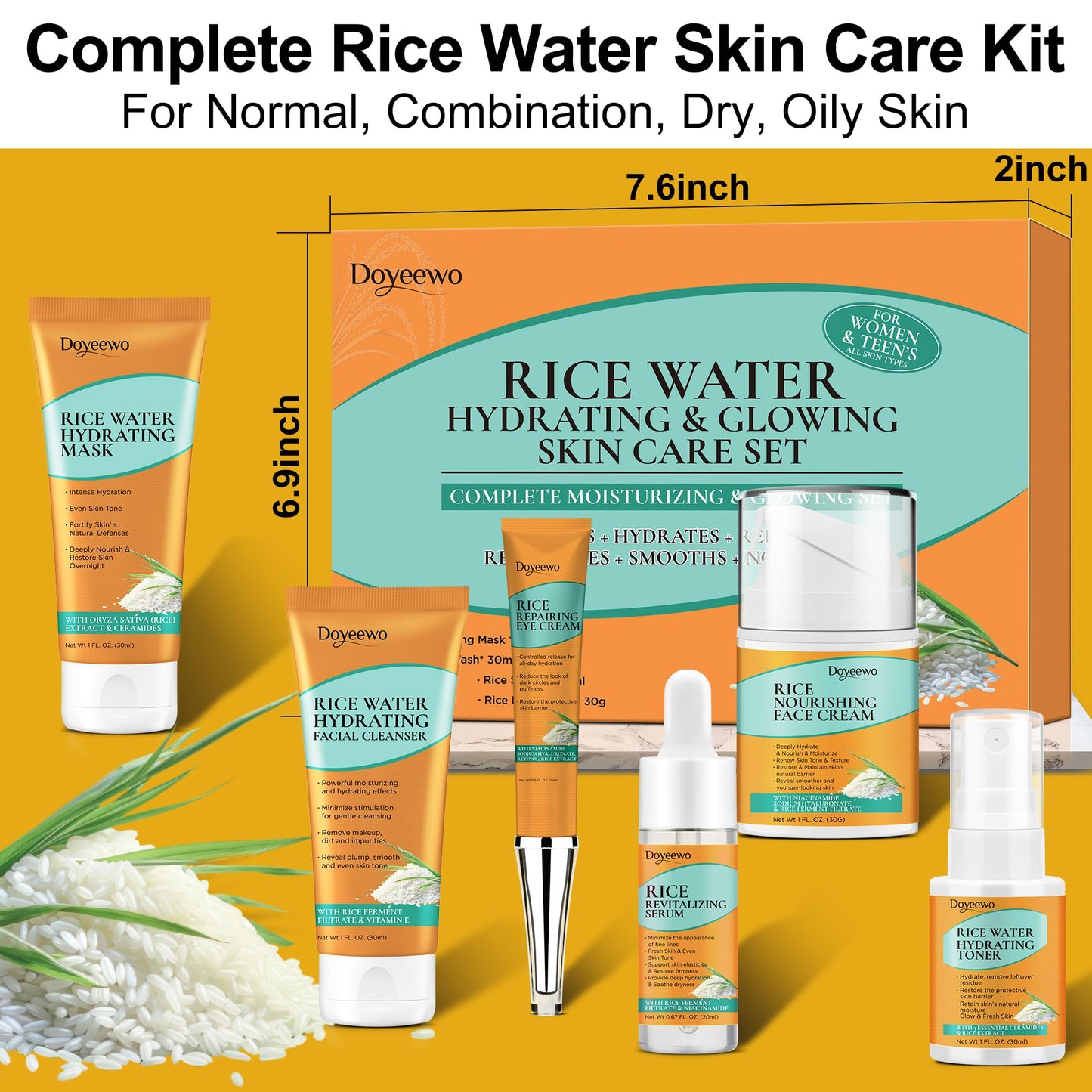 Skin Care Set,Women Teen Glass Skincare 6pcs w/Korean Rice Extract,Hydrate Glow Repair Anti-Aging Facial Routine Kit Gift for Women Mom Wife Teenage Girl Trendy Stuff Christmas Gifts Stocking Stuffers