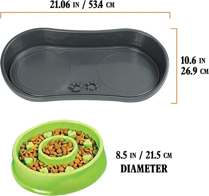 Non-Skid Pet Bowl Tray - with 2 Slow Down Bowls Set - for Small to Medium Dogs - Protects Floor from Food and Water