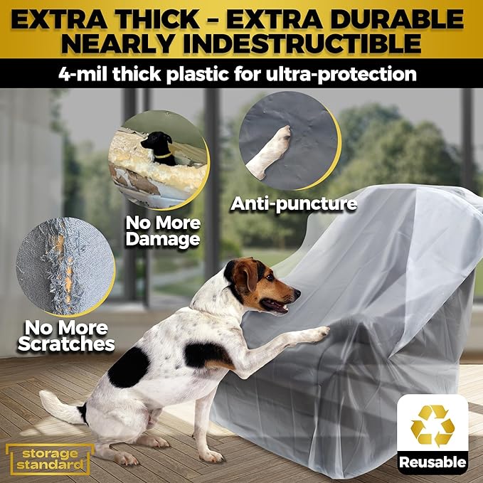 Plastic Furniture Covers for Moving Storage - Heavy-Duty Chair Cover Protectors, Waterproof & Dustproof Clear Moving Bags for Armchair or Recliner - Extra Large Bag Open Size 64 x 42 x 34 Inch