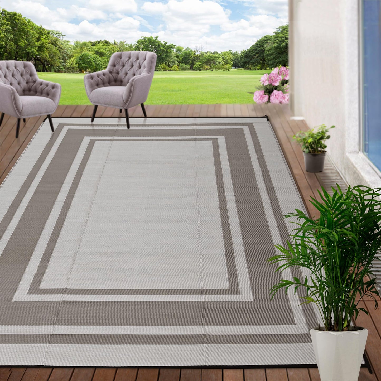 RURALITY Outdoor Rugs 8'x10' Waterproof for Patios Clearance,Plastic Straw Mats for RV, Camping,Backyard,Porch,Deck,Balcony,Reversible,Geometric