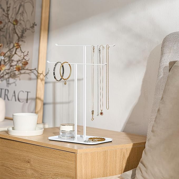 pickpiff Necklace Holder Jewelry Organizer Stand Ã¢ÂÂ 2Ã¢ÂÂTier TÃ¢ÂÂBar Jewelry Display Tree with Tray for Countertop Necklace Bracelet Earring Storage, Vanity Dresser Bathroom Sink, White