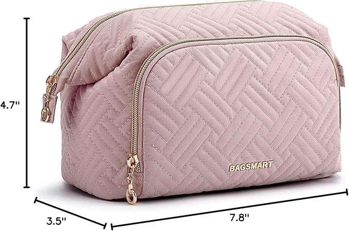 BAGSMART Travel Makeup Bag, Cosmetic Bag Small Make Up Organizer Case,Wide-open Pouch for Women Purse for Toiletries Accessories Brushes Pink