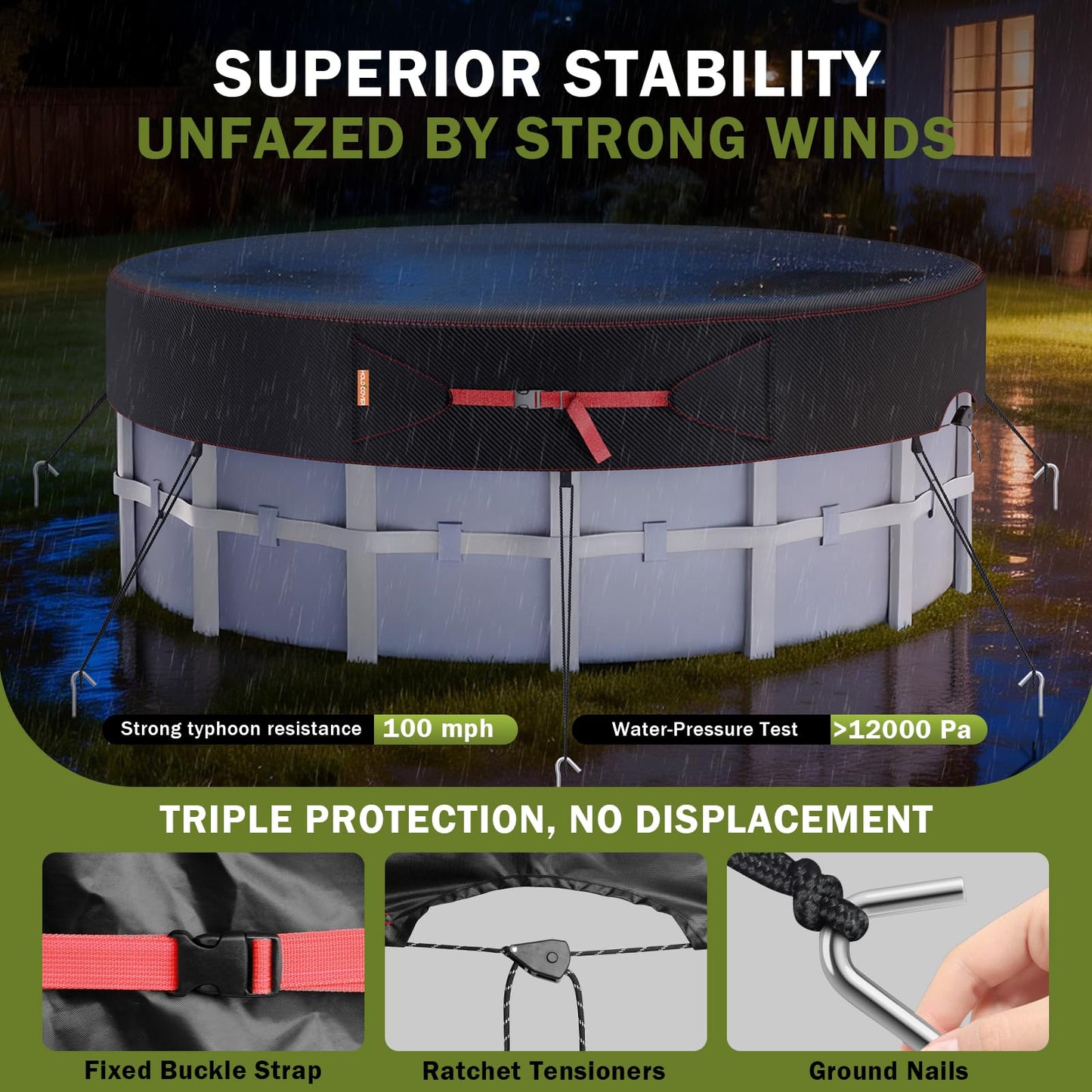 8 Ft Round Pool Cover, Solar Covers for Above Ground Pools, Stock Tank Pool Protector with Tightening Ratchet, Swimming Pool Cover Ideal for Waterproof and Dustproof