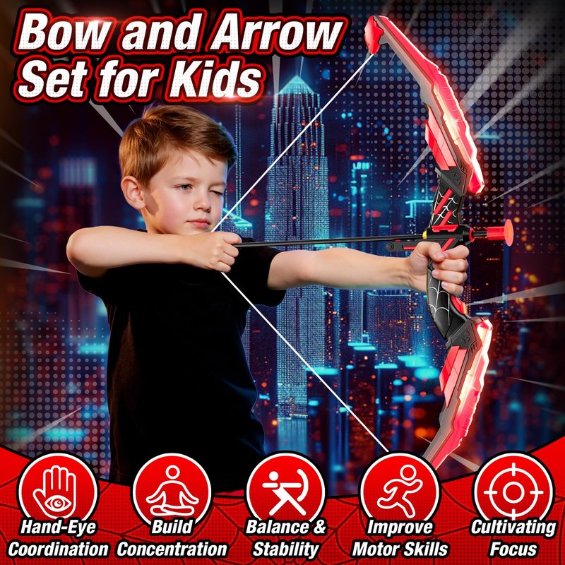HYES Bow and Arrow for Kids, LED Light Up Archery Set with 12 Suction Cup Arrows, 1 Hanging Target, 3 Score Targets & 1 Quiver, Indoor Outdoor Sport Gifts for Boys Girls Ages 4-12, Black