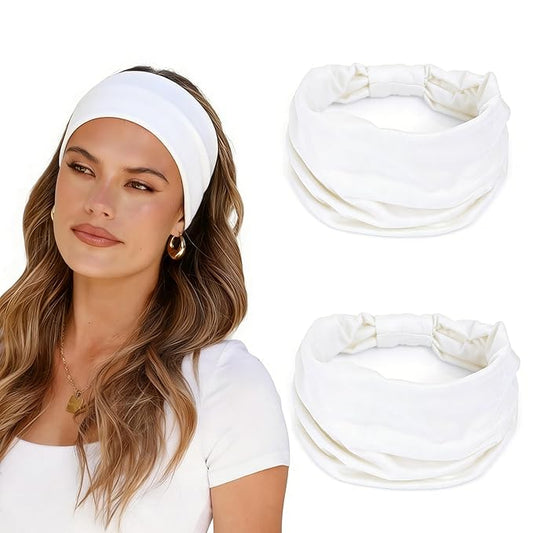 2 Pack White Wide Headbands for Women - Thick Stretchy Non Slip Fabric Sweat Bands, Soft Hair Bands for Workout, Running, Spa, Makeup & Washing Face