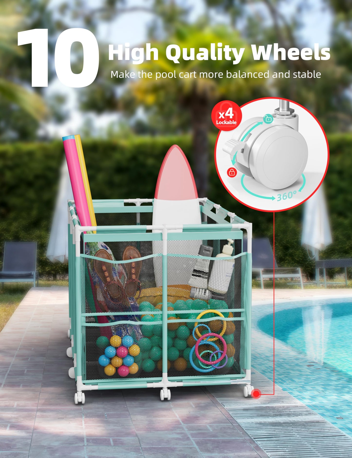 POOLHOUR Pool Float Storage – Outdoor Pool Toy Storage Organizer for Pool Noodles, Toys, Floats, Balls, and Equipment, Mesh Rolling Storage Organizer Bin, Cyan