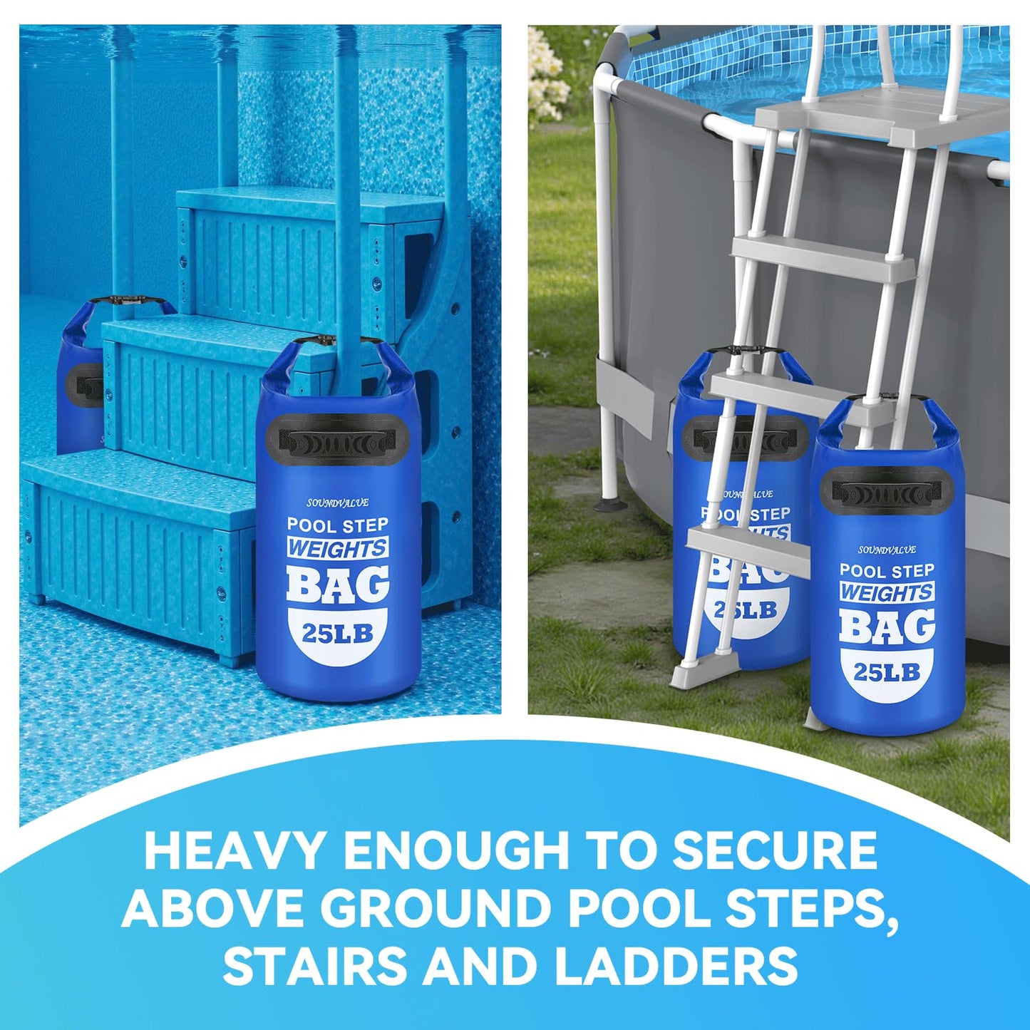 2 Pack 25lb Heavy Duty Pool Ladder Weights, Universal Above Ground Pool Step Sand Bags with Handles, 500D PVC Durable Waterproof & Foldable Sandbags for Swimming Pool Stairs (Navy Blue)