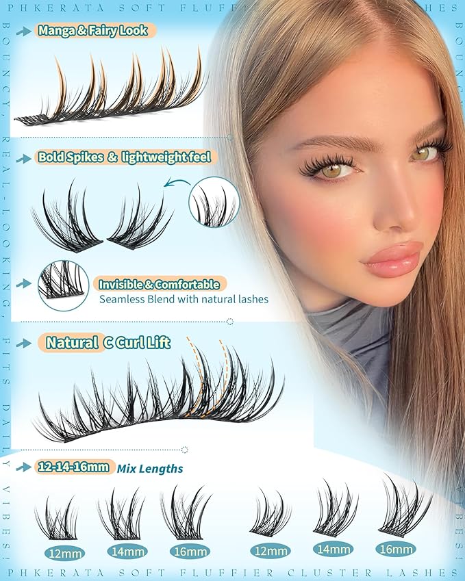PHKERATA Manga Lash Clusters 12-14-16mm Wispy Natural Cluster Eyelash Extensions, 162Pcs Spiky Lashes Clusters C Curl Individual Lashes for DIY Eye Makeup