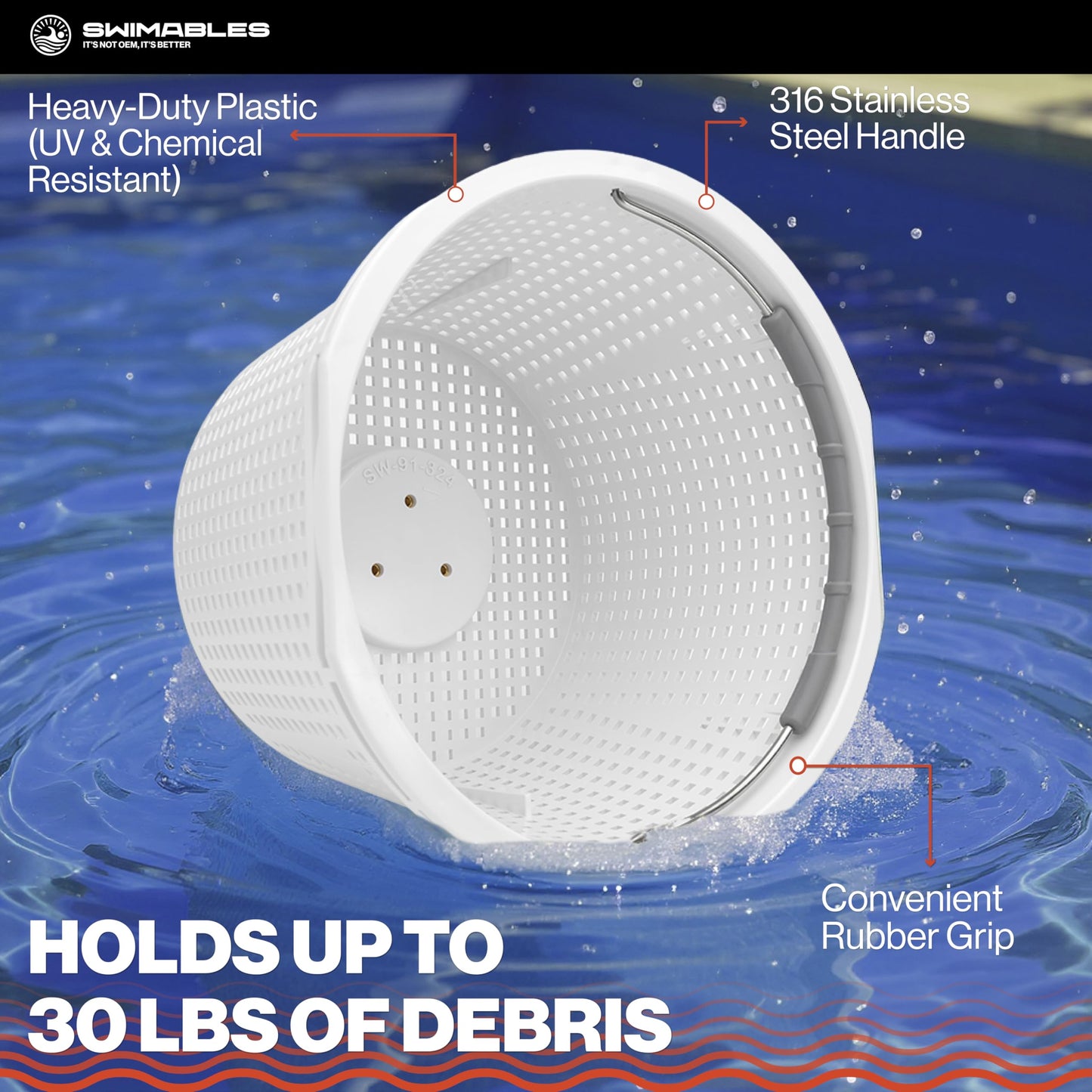 Swimables Pool Skimmer Basket Compatible with Waterway Skimmer Basket 542-3240 for Renegade Skimmers Pool Basket | Built-in Brass Weight | 316 Stainless Steel Handle & Convenient Rubber Grip